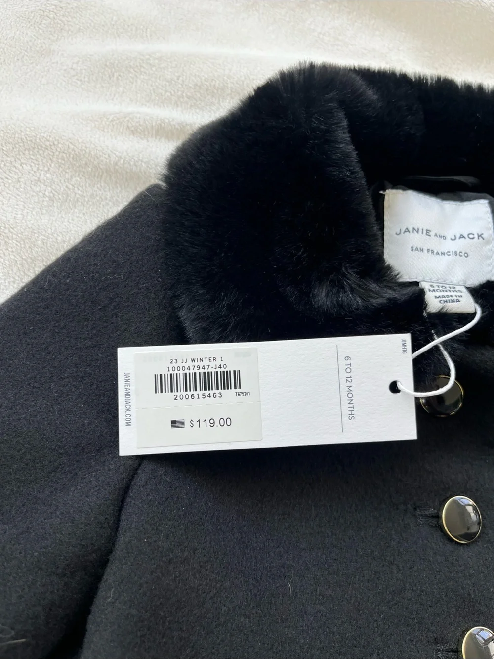 Janie and Jack Black Wool Pea Coat with Faux-Fur Collar